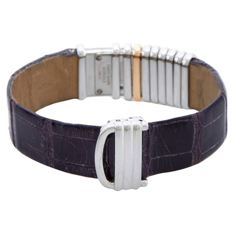 Pre Owned Cartier Silver Two-Tone 18K Gold Diamond Leather Declaration 2611 Women's Wristwatch 16 mm