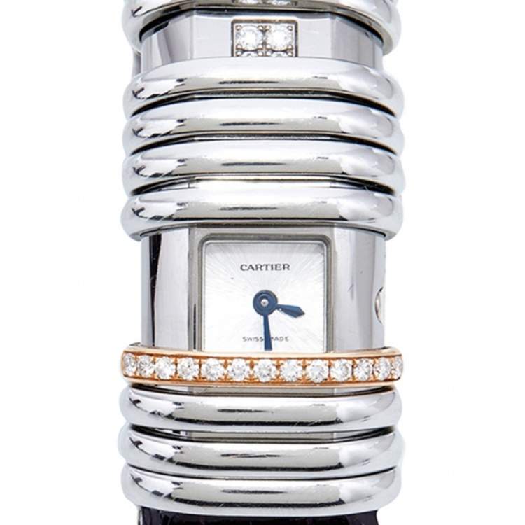 Pre Owned Cartier Silver Two-Tone 18K Gold Diamond Leather Declaration 2611 Women's Wristwatch 16 mm