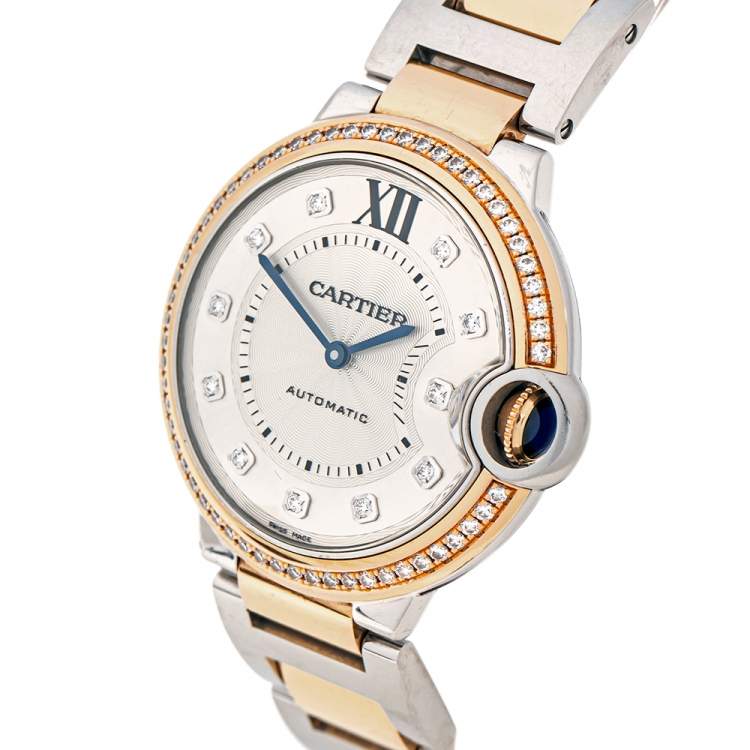 Pre Owned Cartier Silver 18k Rose Gold Stainless Steel Diamond Ballon Bleu WE902078 Women's Wristwatch 36 mm