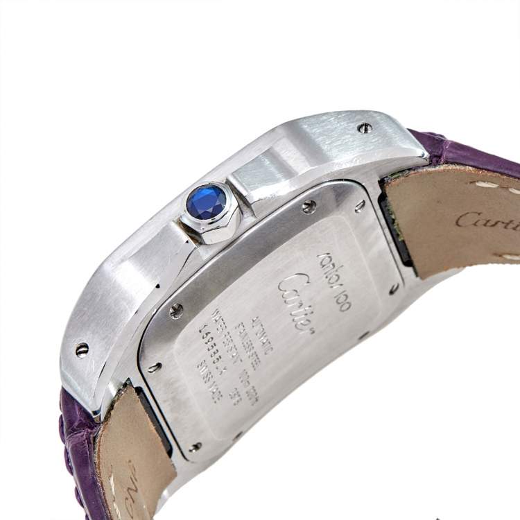 Pre Owned Cartier Silver 18k Rose Gold Stainless Steel Alligator Santos 100 2878 Women's Wristwatch 33 mm