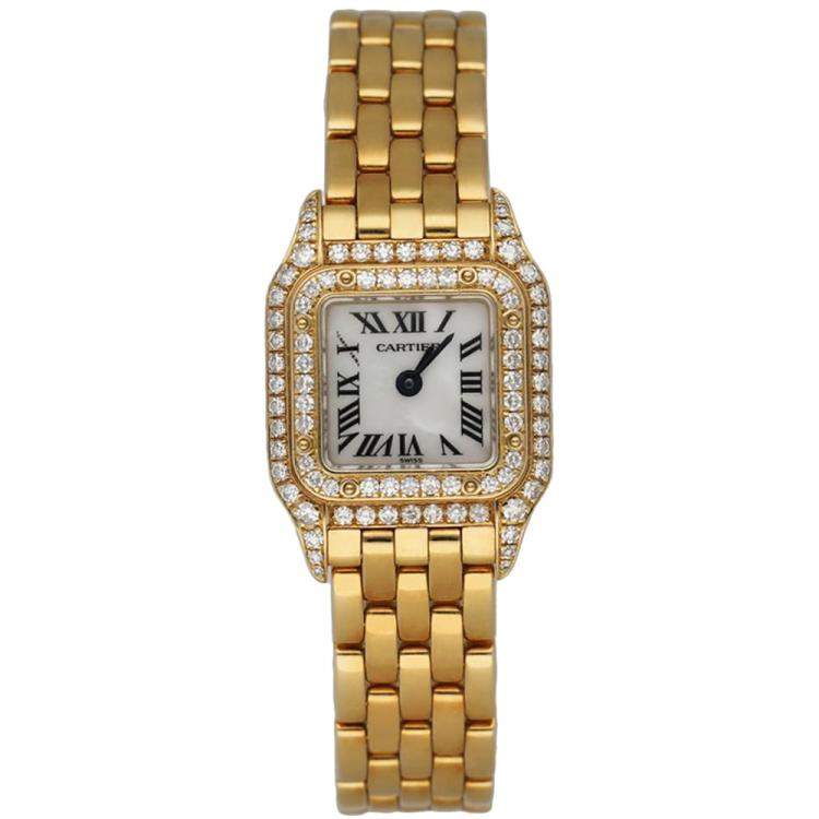 Pre Owned Cartier MOP Diamonds 18K Yellow Gold Panthere Mini 11301 Women's Wristwatch 17 MM