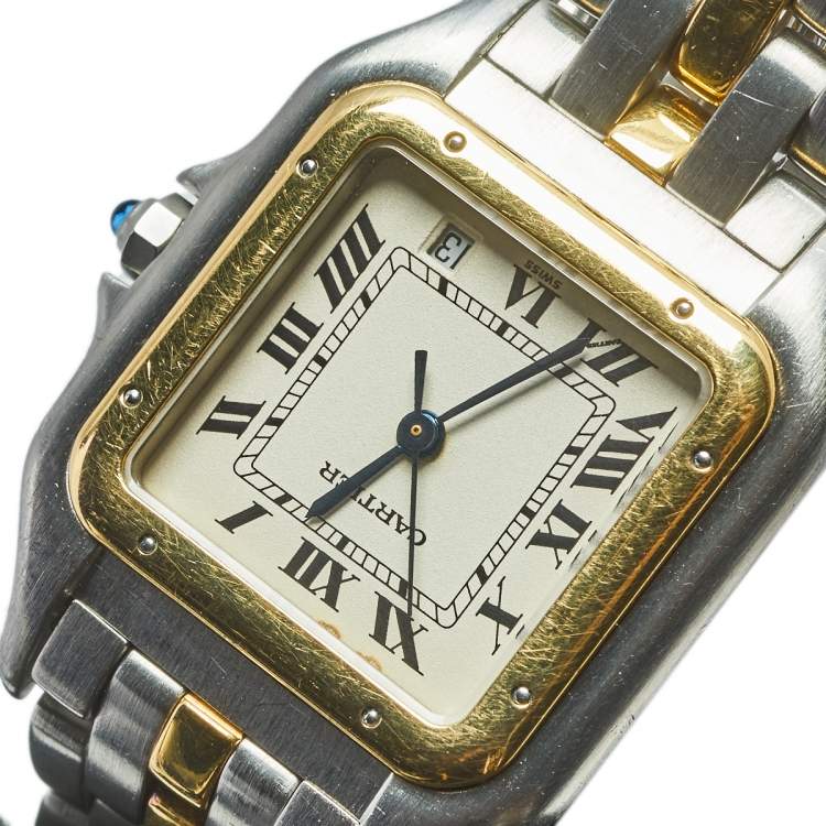 Pre Owned Cartier Cream 18K Yellow Gold And Stainless Steel Panthere Women's Wristwatch 27 mm