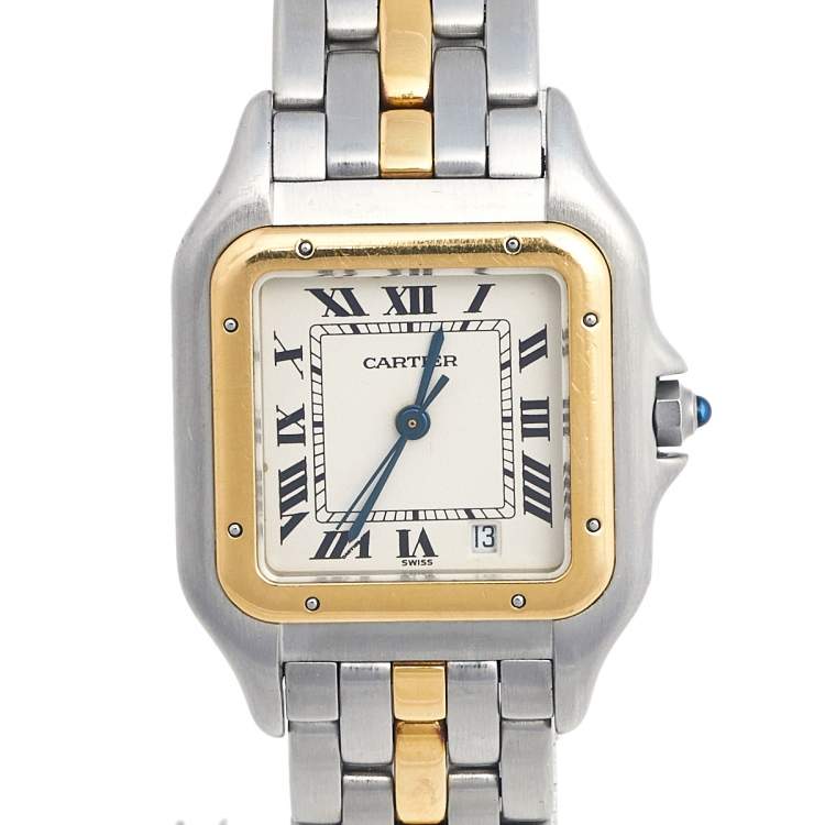 Pre Owned Cartier Cream 18K Yellow Gold And Stainless Steel Panthere Women's Wristwatch 27 mm