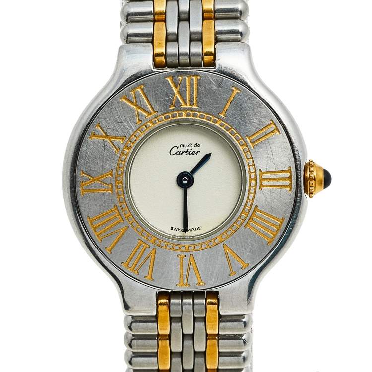 Pre Owned Cartier Cream 18K Yellow Gold and Stainless Steel Must De Cartier 21 125000P Women's Wristwatch 28 mm