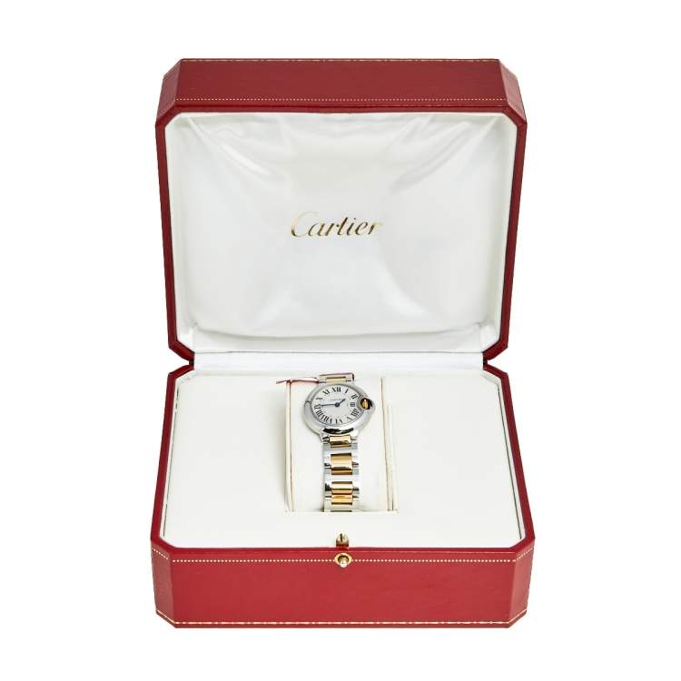 مملوكة مسبقًا Cartier White 18K Yellow Gold Stainless Steel Ballon Blue W69007Z3 Women's Wristwatch 29 MM