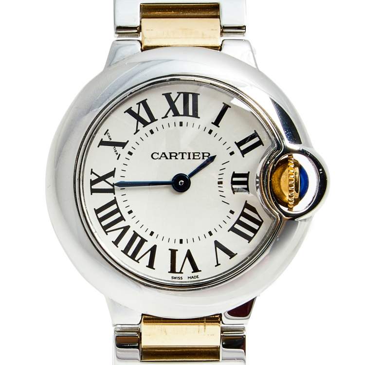 مملوكة مسبقًا Cartier White 18K Yellow Gold Stainless Steel Ballon Blue W69007Z3 Women's Wristwatch 29 MM
