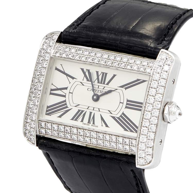 Pre Owned Cartier Cream 18k White Gold Diamond Alligator Tank Divan 2614 Women's Wristwatch 38 mm