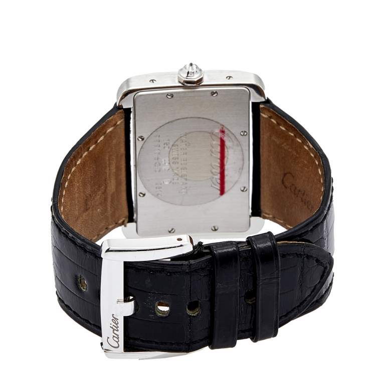 Pre Owned Cartier Cream 18k White Gold Diamond Alligator Tank Divan 2614 Women's Wristwatch 38 mm