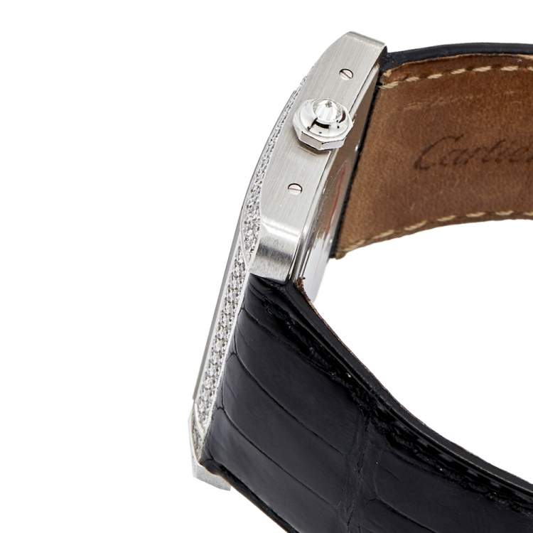 Pre Owned Cartier Cream 18k White Gold Diamond Alligator Tank Divan 2614 Women's Wristwatch 38 mm