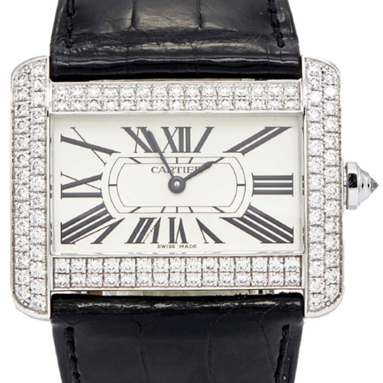 Pre Owned Cartier Cream 18k White Gold Diamond Alligator Tank Divan 2614 Women's Wristwatch 38 mm