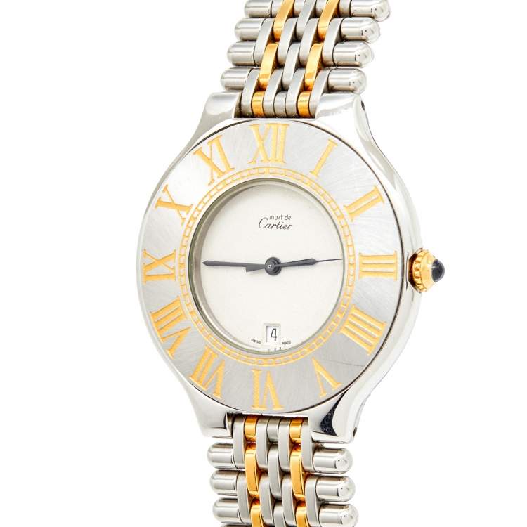 مملوكة مسبقًا Cartier Cream 18k Yellow Gold Stainless Steel Must 21 De Cartier Women's Wristwatch 34 mm