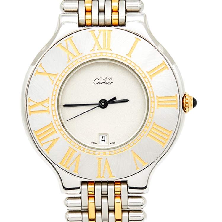 مملوكة مسبقًا Cartier Cream 18k Yellow Gold Stainless Steel Must 21 De Cartier Women's Wristwatch 34 mm
