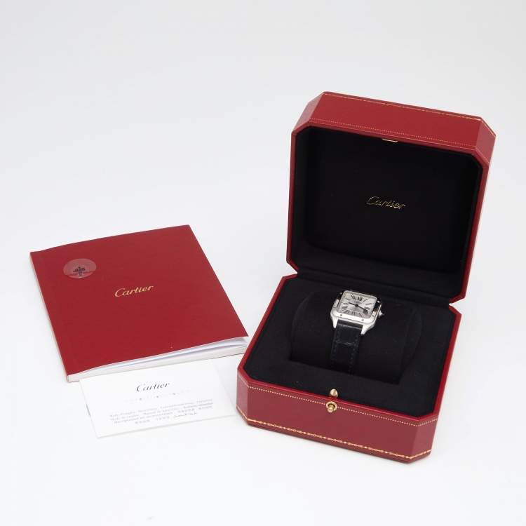 Pre Owned Cartier Silver Stainless Steel Alligator Santos Dumont WSSA0023 Women's Wristwatch 27.5 mm