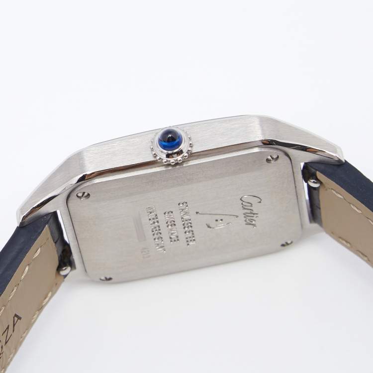 Pre Owned Cartier Silver Stainless Steel Alligator Santos Dumont WSSA0023 Women's Wristwatch 27.5 mm