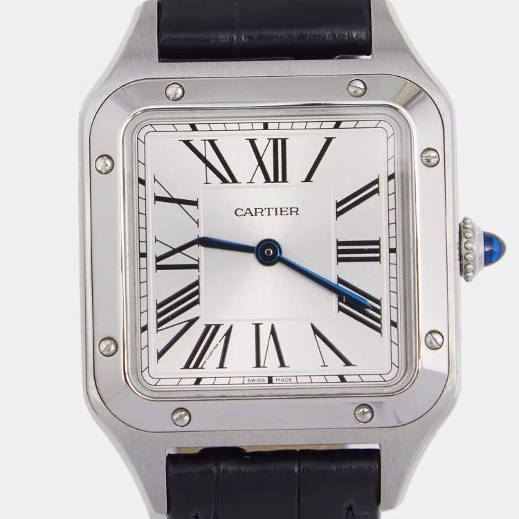 Pre Owned Cartier Silver Stainless Steel Alligator Santos Dumont WSSA0023 Women's Wristwatch 27.5 mm