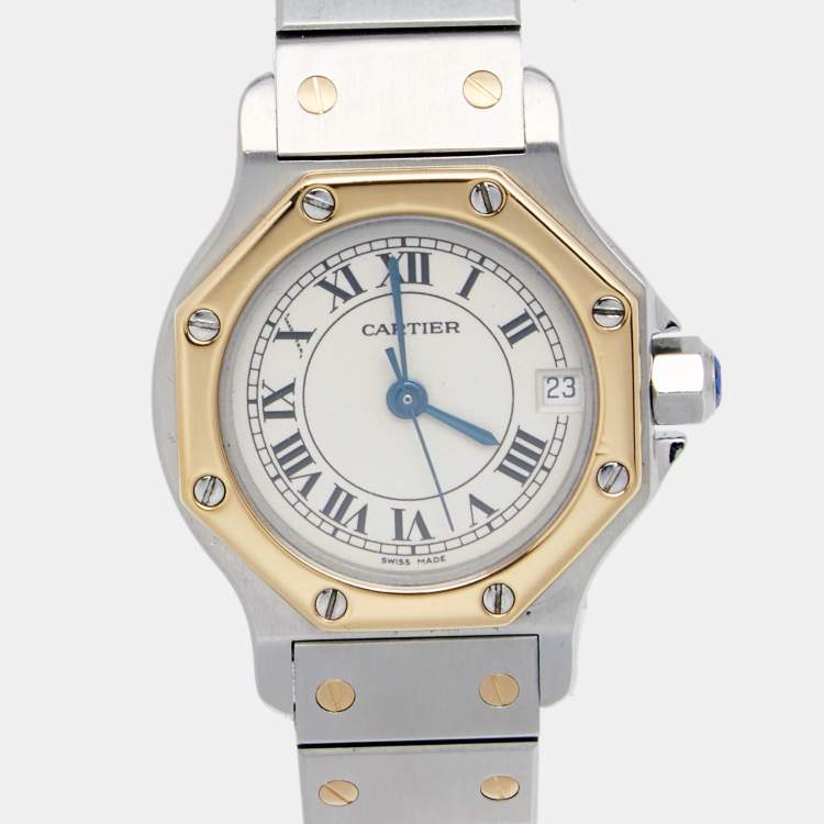 Pre Owned Cartier Cream 18K yellow Gold Stainless Steel Santos de Cartier 187903 Women's Wristwatch 24 mm