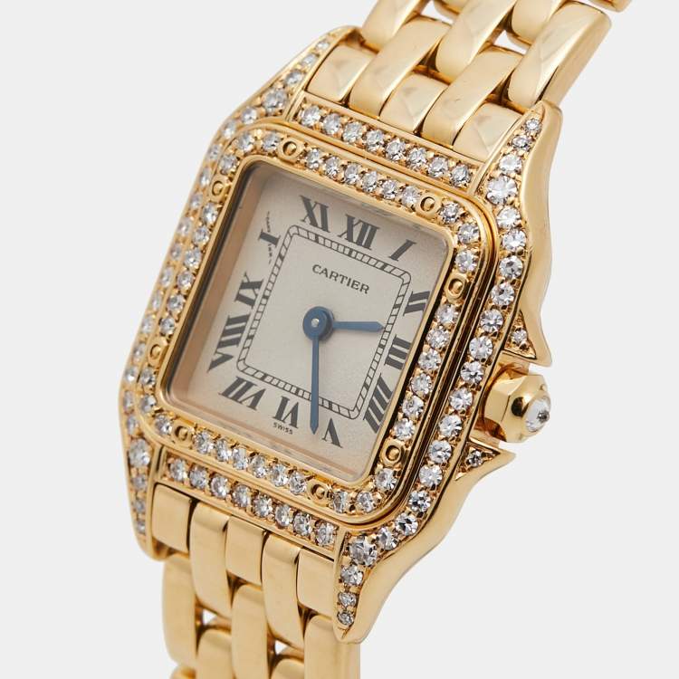 Pre Owned Cartier Cream 18k Yellow Gold Diamond Panthere 8057915 Women's Wristwatch 22 mm
