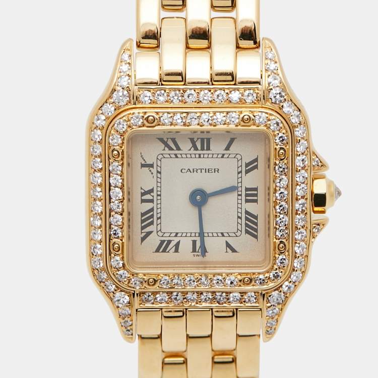 Pre Owned Cartier Cream 18k Yellow Gold Diamond Panthere 8057915 Women's Wristwatch 22 mm