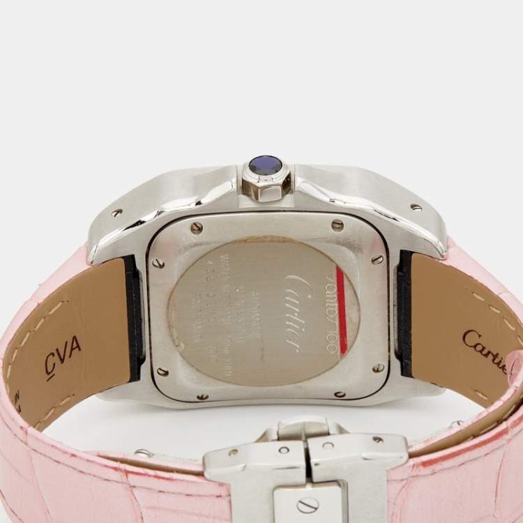 Pre Owned Cartier White Stainless Steel Alligator Leather Santos 100 W20126X8 Women's Wristwatch 35 mm