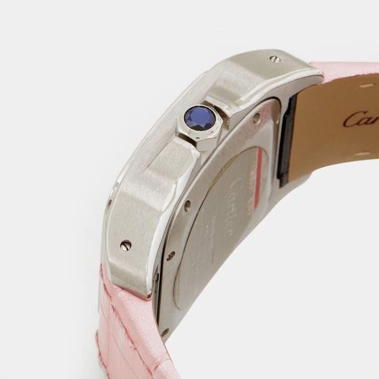 Pre Owned Cartier White Stainless Steel Alligator Leather Santos 100 W20126X8 Women's Wristwatch 35 mm