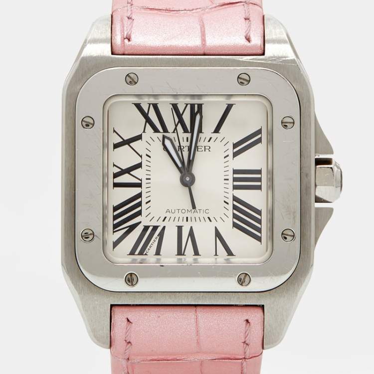 Pre Owned Cartier White Stainless Steel Alligator Leather Santos 100 W20126X8 Women's Wristwatch 35 mm