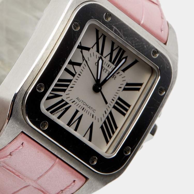 Pre Owned Cartier White Stainless Steel Alligator Leather Santos 100 W20126X8 Women's Wristwatch 35 mm