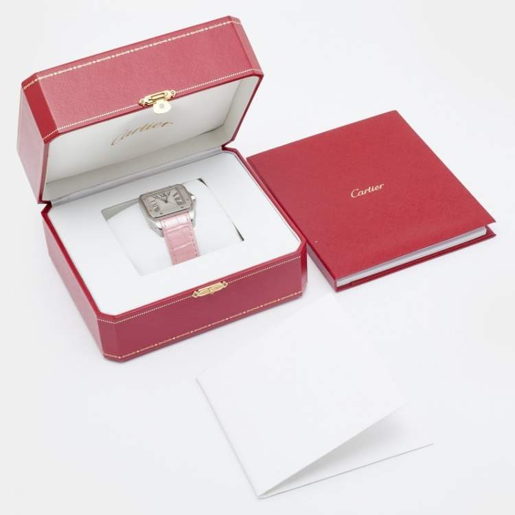 Pre Owned Cartier White Stainless Steel Alligator Leather Santos 100 W20126X8 Women's Wristwatch 35 mm