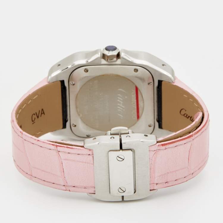 Pre Owned Cartier White Stainless Steel Alligator Leather Santos 100 W20126X8 Women's Wristwatch 35 mm