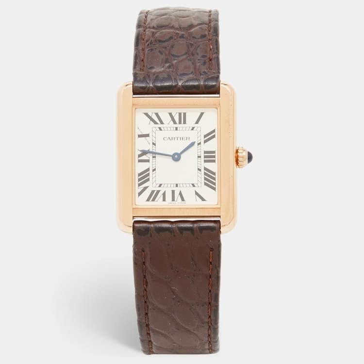 Pre Owned Cartier Silver 18k Rose Gold Alligator Tank Solo W5200024 Women's Wristwatch 24 mm