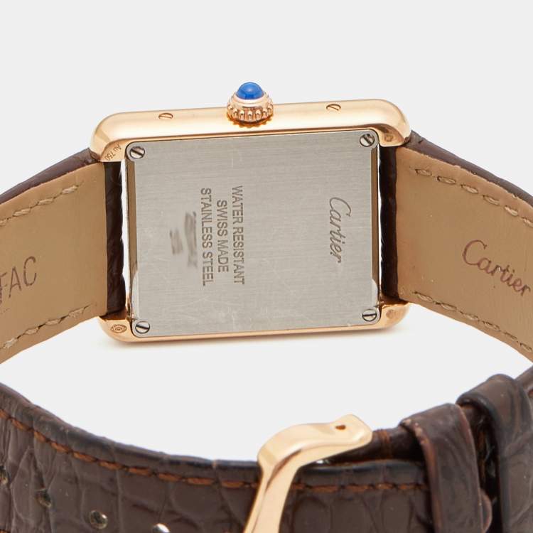 Pre Owned Cartier Silver 18k Rose Gold Alligator Tank Solo W5200024 Women's Wristwatch 24 mm