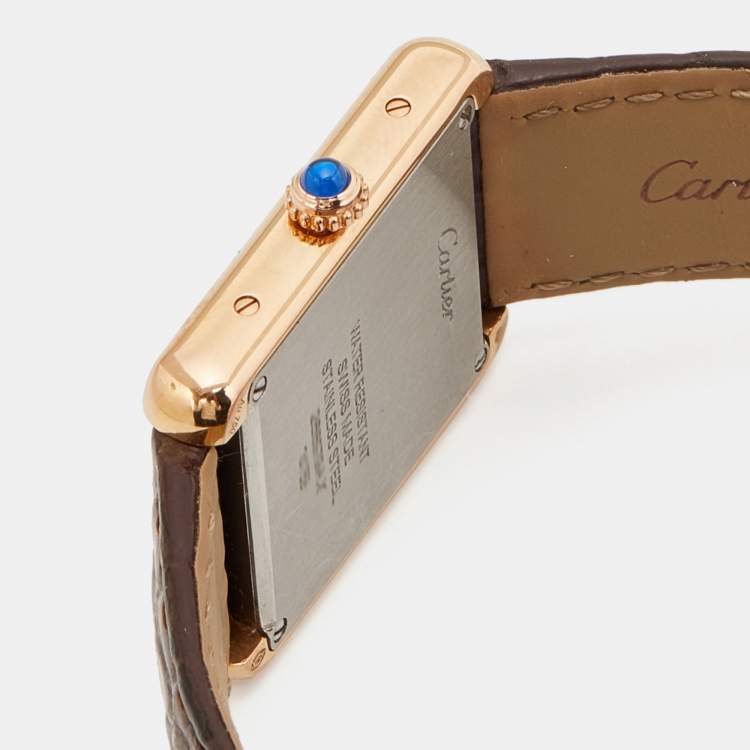 Pre Owned Cartier Silver 18k Rose Gold Alligator Tank Solo W5200024 Women's Wristwatch 24 mm