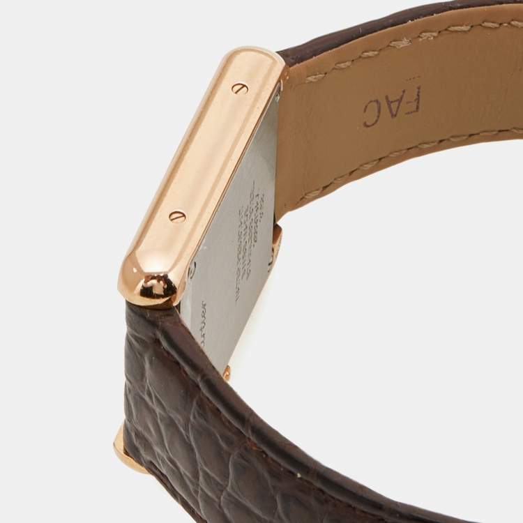 Pre Owned Cartier Silver 18k Rose Gold Alligator Tank Solo W5200024 Women's Wristwatch 24 mm