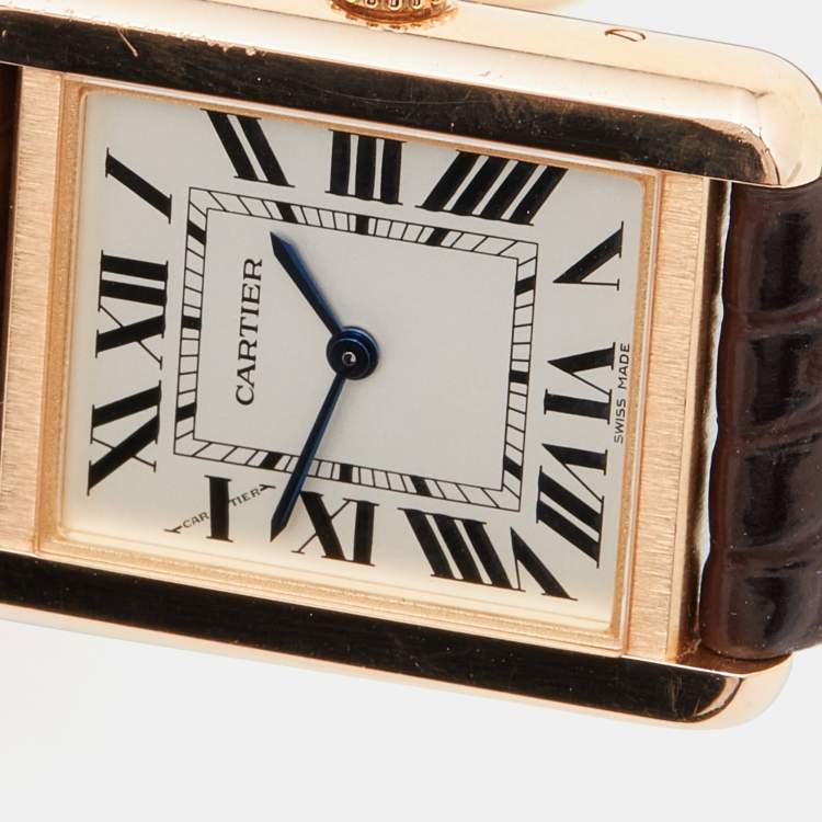 Pre Owned Cartier Silver 18k Rose Gold Alligator Tank Solo W5200024 Women's Wristwatch 24 mm