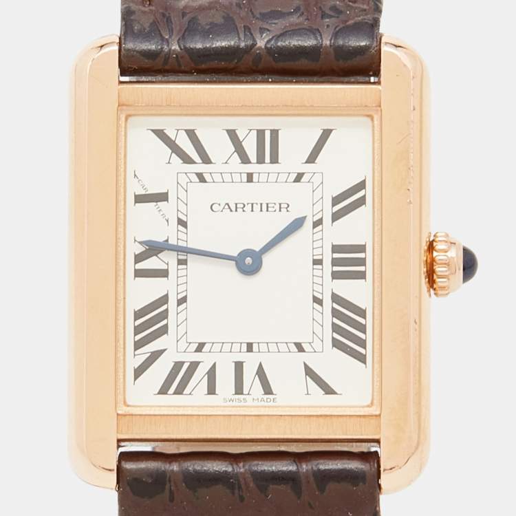 Pre Owned Cartier Silver 18k Rose Gold Alligator Tank Solo W5200024 Women's Wristwatch 24 mm