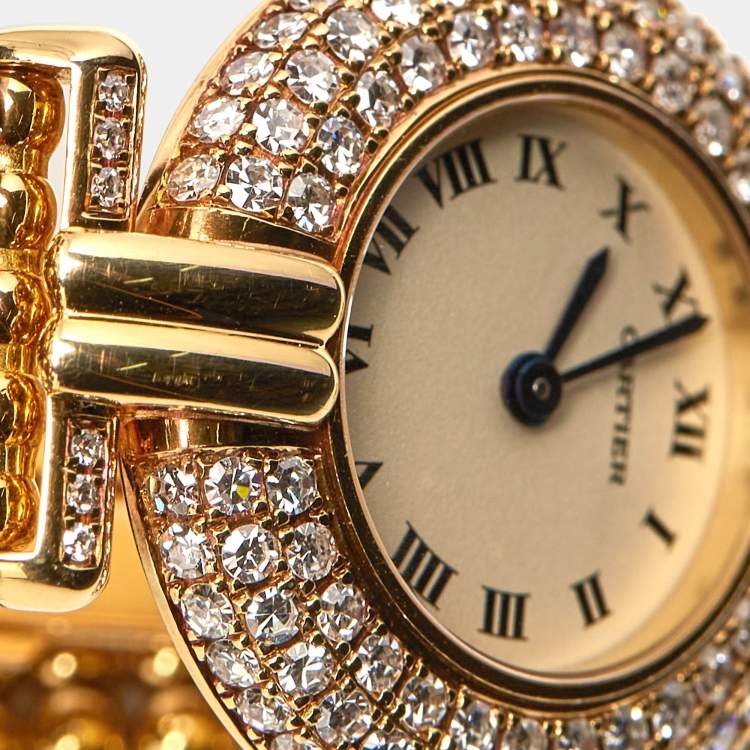 Pre Owned Cartier Cream 18k Yellow Gold Diamond Colisee 1628 Women's Wristwatch 24 mm