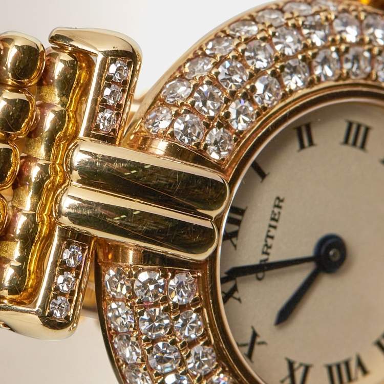 Pre Owned Cartier Cream 18k Yellow Gold Diamond Colisee 1628 Women's Wristwatch 24 mm