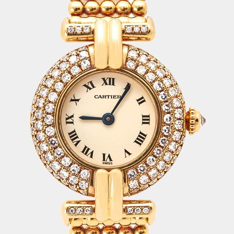 Pre Owned Cartier Cream 18k Yellow Gold Diamond Colisee 1628 Women's Wristwatch 24 mm