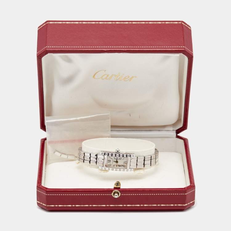 Pre Owned Cartier Silver 18K White Gold Diamond Lanieres Tank Allongee 2544 Women's Wristwatch 14 mm