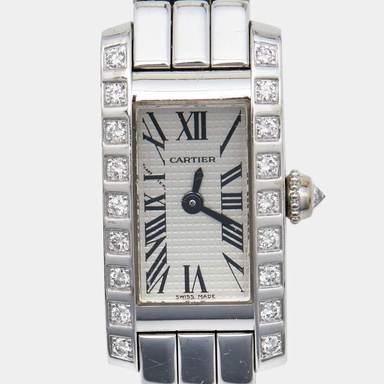 Pre Owned Cartier Silver 18K White Gold Diamond Lanieres Tank Allongee 2544 Women's Wristwatch 14 mm