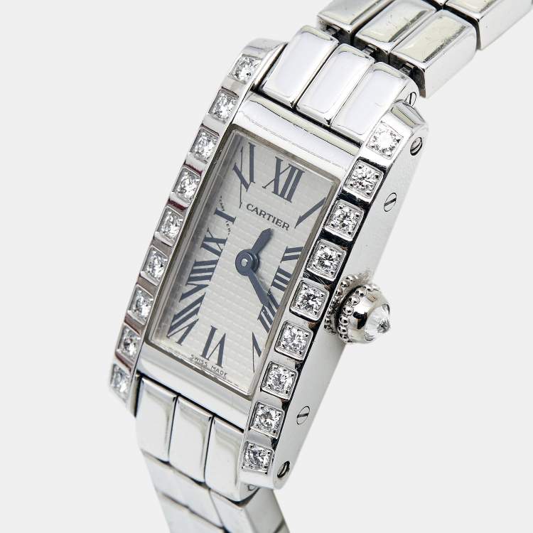 Pre Owned Cartier Silver 18K White Gold Diamond Lanieres Tank Allongee 2544 Women's Wristwatch 14 mm