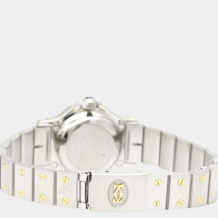 Pre Owned Cartier White 18k Yellow Gold And Stainless Steel Santos Octagon Automatic Women's Wristwatch 24 mm