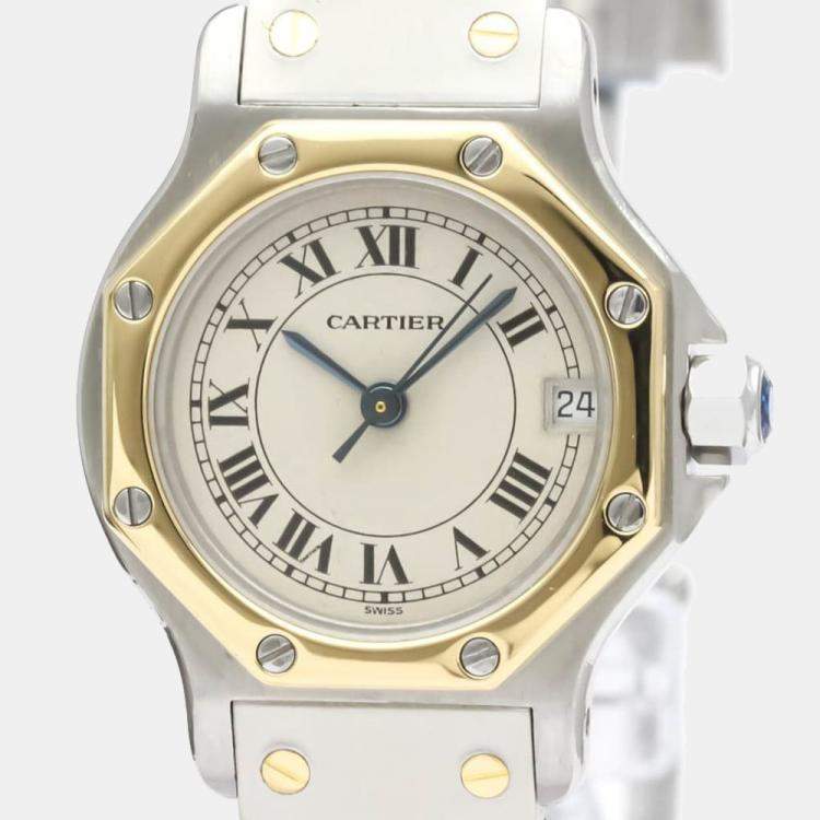 Pre Owned Cartier Silver 18k Yellow Gold And Stainless Steel Santos Octagon 187903 Quartz Women's Wristwatch 24 mm