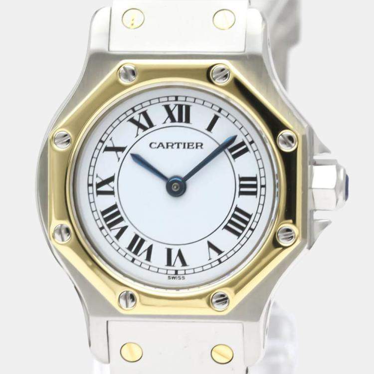 Pre Owned Cartier White 18k Yellow Gold And Stainless Steel Santos Octagon Automatic Women's Wristwatch 24 mm