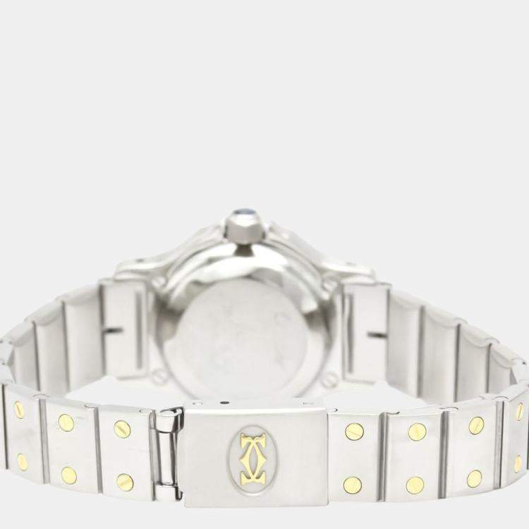Pre Owned Cartier White 18k Yellow Gold And Stainless Steel Santos Octagon Automatic Women's Wristwatch 24 mm