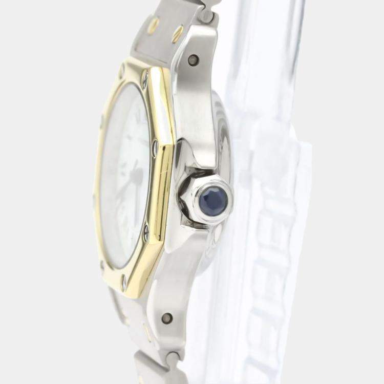 Pre Owned Cartier White 18k Yellow Gold And Stainless Steel Santos Octagon Automatic Women's Wristwatch 24 mm