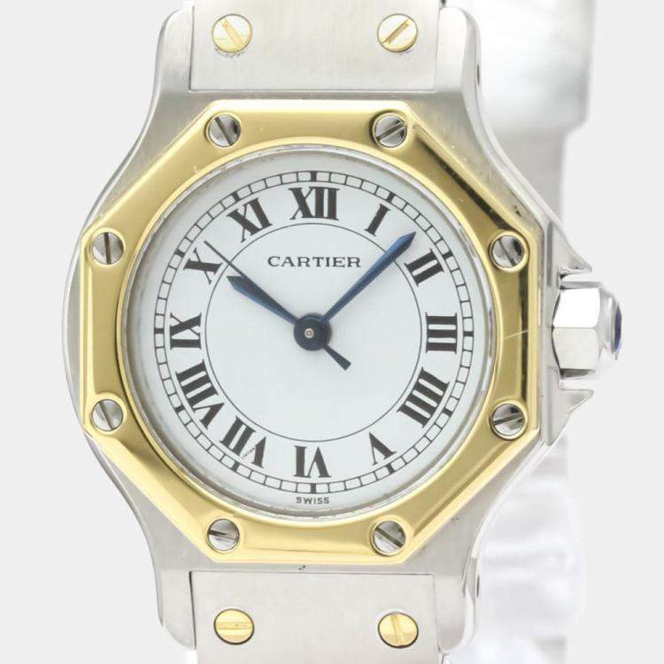 Pre Owned Cartier White 18k Yellow Gold And Stainless Steel Santos Octagon Automatic Women's Wristwatch 24 mm