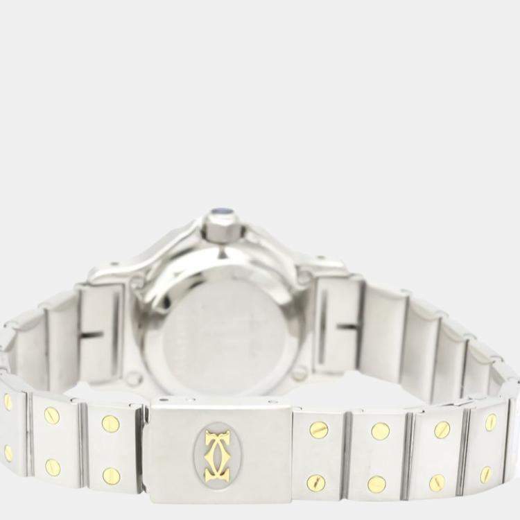 Pre Owned Cartier White 18k Yellow Gold And Stainless Steel Santos Octagon Automatic Women's Wristwatch 24 mm