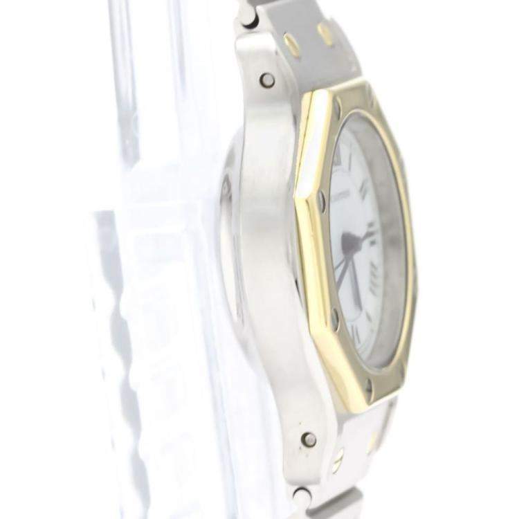 Pre Owned Cartier White 18k Yellow Gold And Stainless Steel Santos Octagon Automatic Women's Wristwatch 24 mm