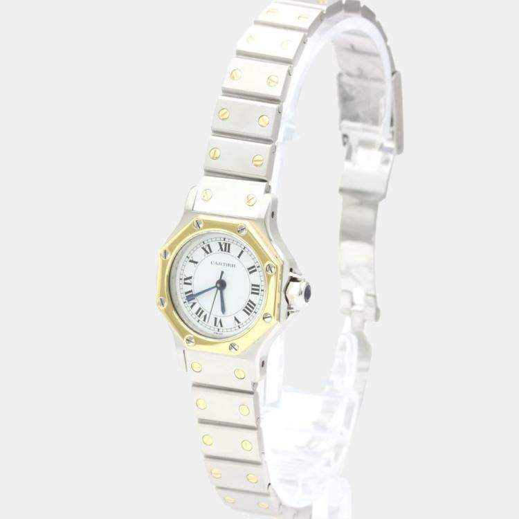 Pre Owned Cartier White 18k Yellow Gold And Stainless Steel Santos Octagon Automatic Women's Wristwatch 24 mm