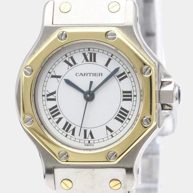 Pre Owned Cartier White 18k Yellow Gold And Stainless Steel Santos Octagon Automatic Women's Wristwatch 24 mm